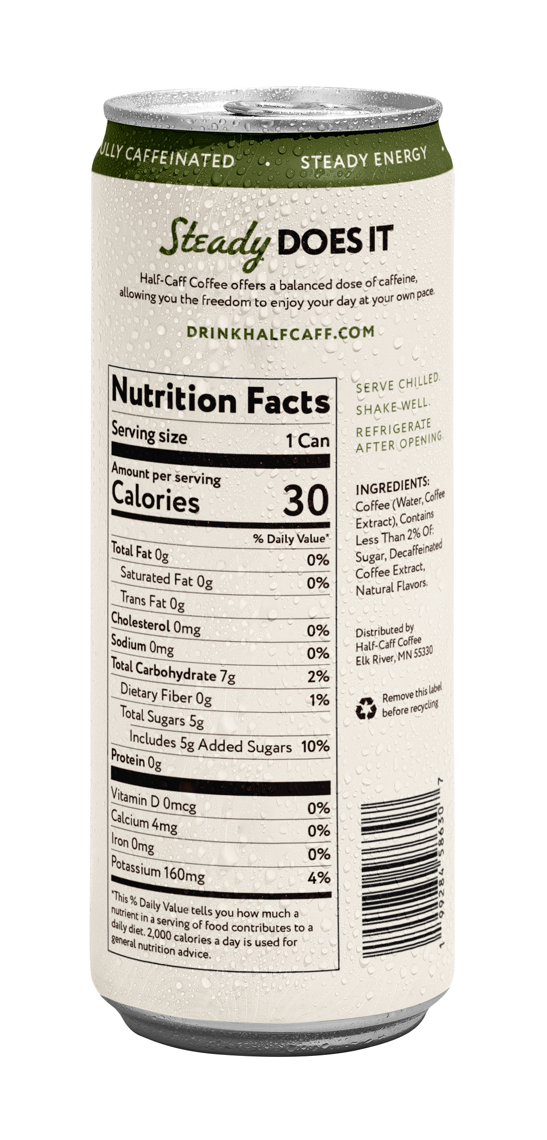 A can of Half Calf Coffee Cold Brew shown from the back, displaying the nutrition facts label, ingredients list, and barcode on a white background.