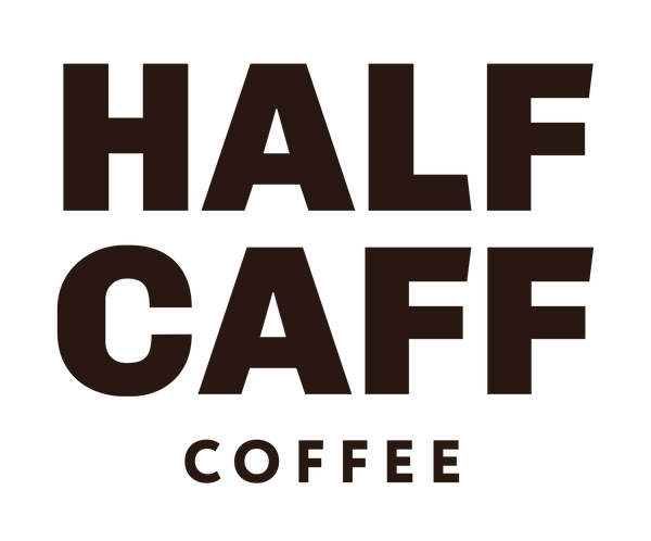 Half Caff Coffee logo with bold text on a white background