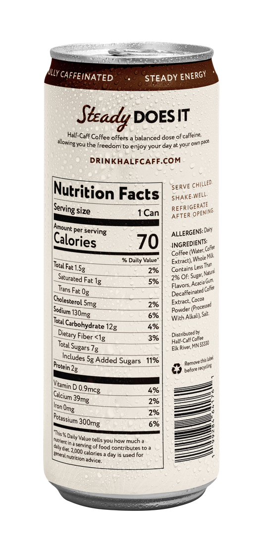 Nutrition panel and ingredients on Half Caffeinated Mocha Latte canned coffee