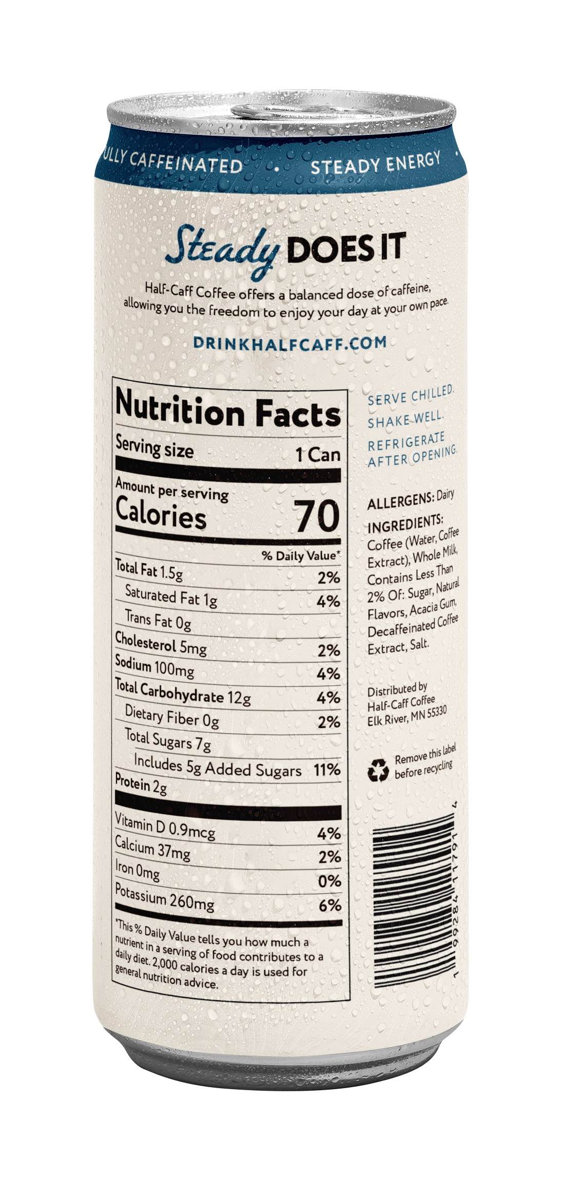 A single can of Half Calf Coffee Vanilla Latte AIP on its back, showing the nutrition facts label, calories, ingredients, and barcode against a white background.