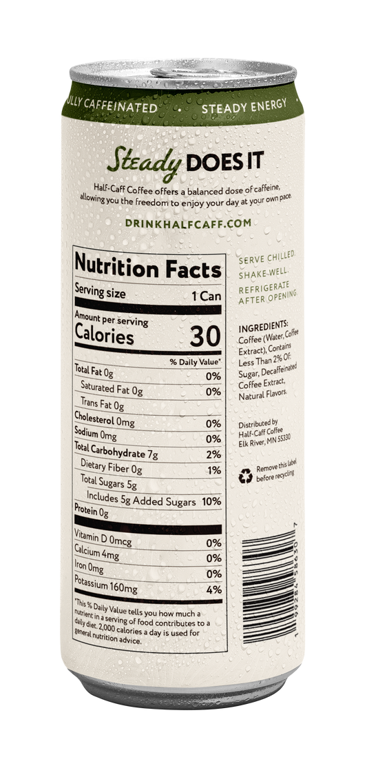 A can of Half Calf Coffee Cold Brew shown from the back, displaying the nutrition facts label, ingredients list, and barcode on a white background.