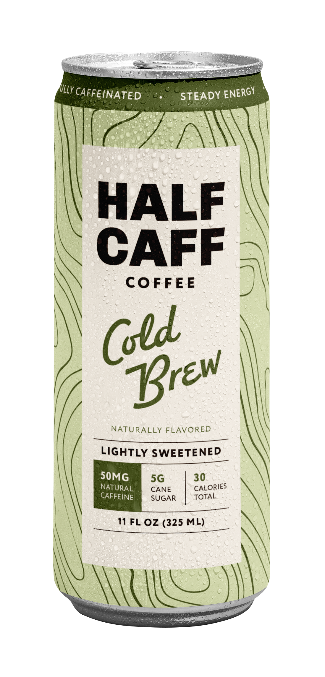A 11 fl oz can of Half Caff Coffee Cold Brew, featuring a light green topographic pattern with a large white label in the center.