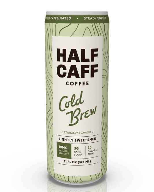 A single can of Half Caffe Coffee Cold Brew, naturally flavored and lightly sweetened, shown on a clean white background with a soft reflection below.