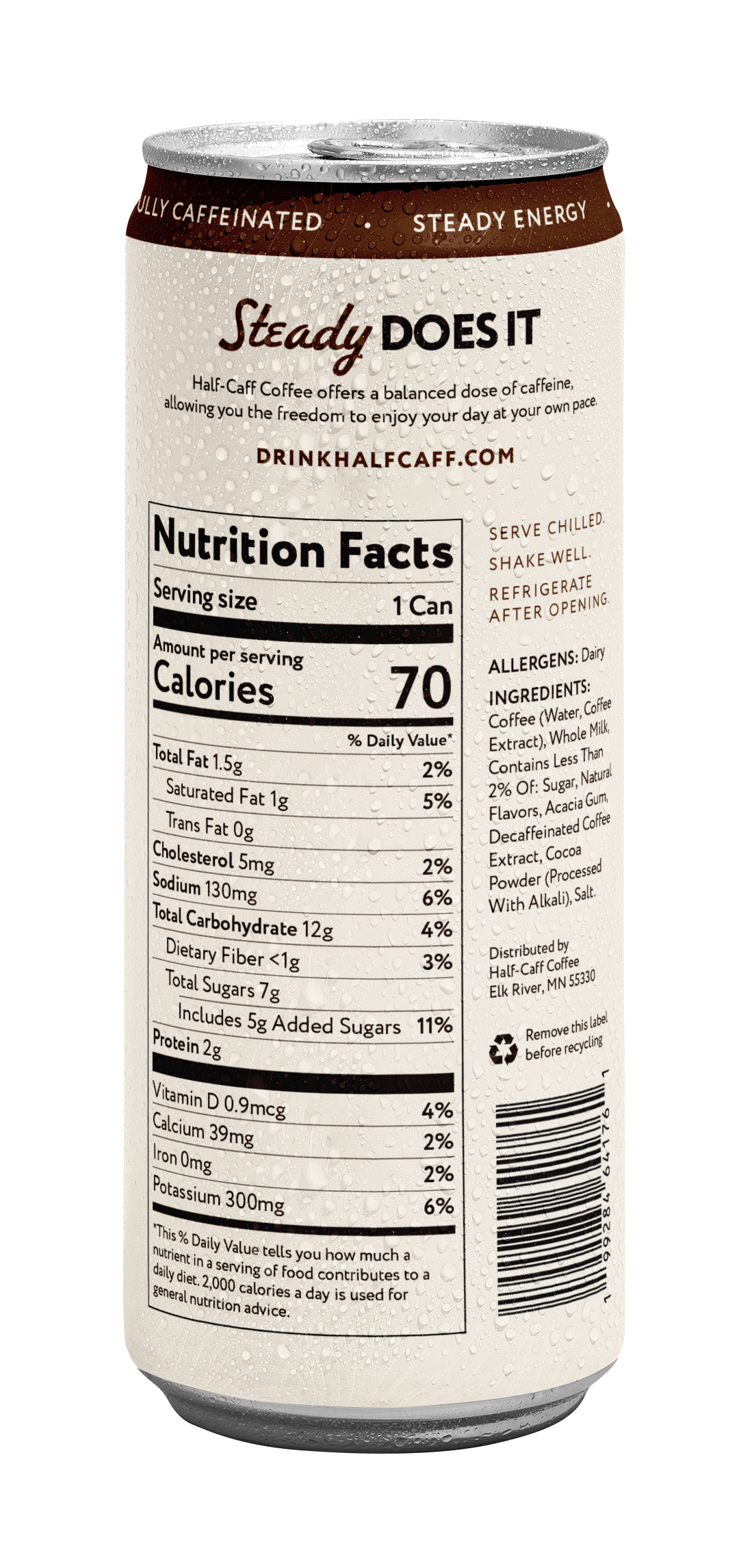 Nutrition panel and ingredients on Half Caffeinated Mocha Latte canned coffee