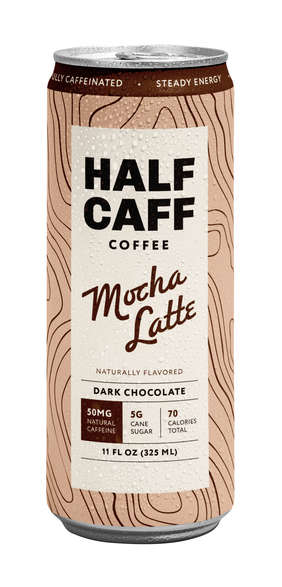 A 11 fl oz can of Half Caff Coffee Mocha Latte, featuring a light brown wood-grain patterned design with a cream-colored label and black text.