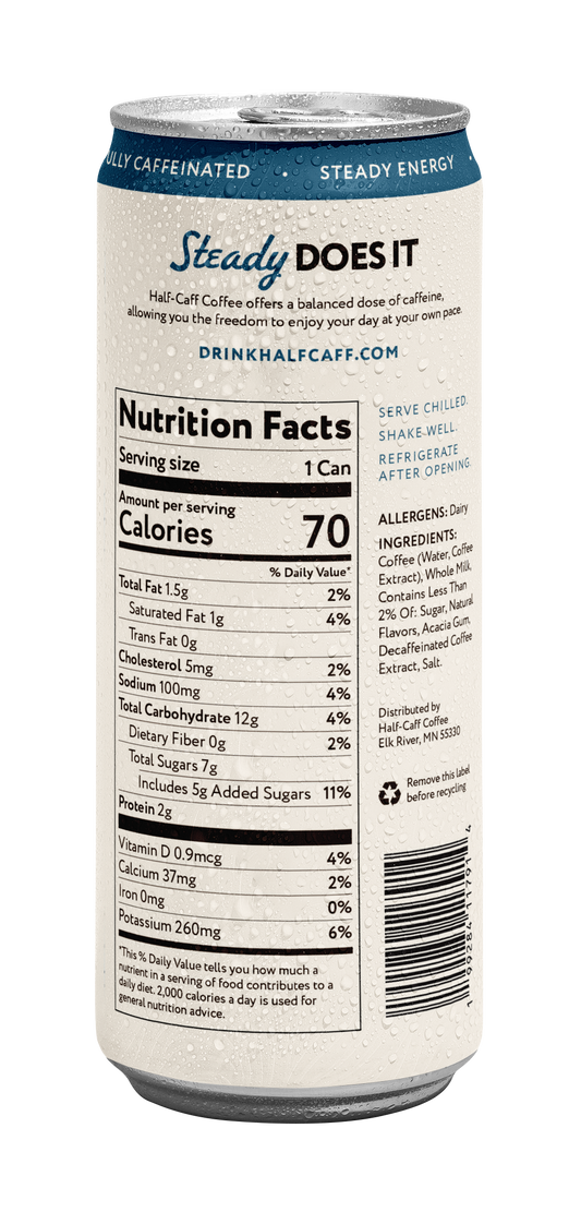 A single can of Half Calf Coffee Vanilla Latte AIP on its back, showing the nutrition facts label, calories, ingredients, and barcode against a white background.