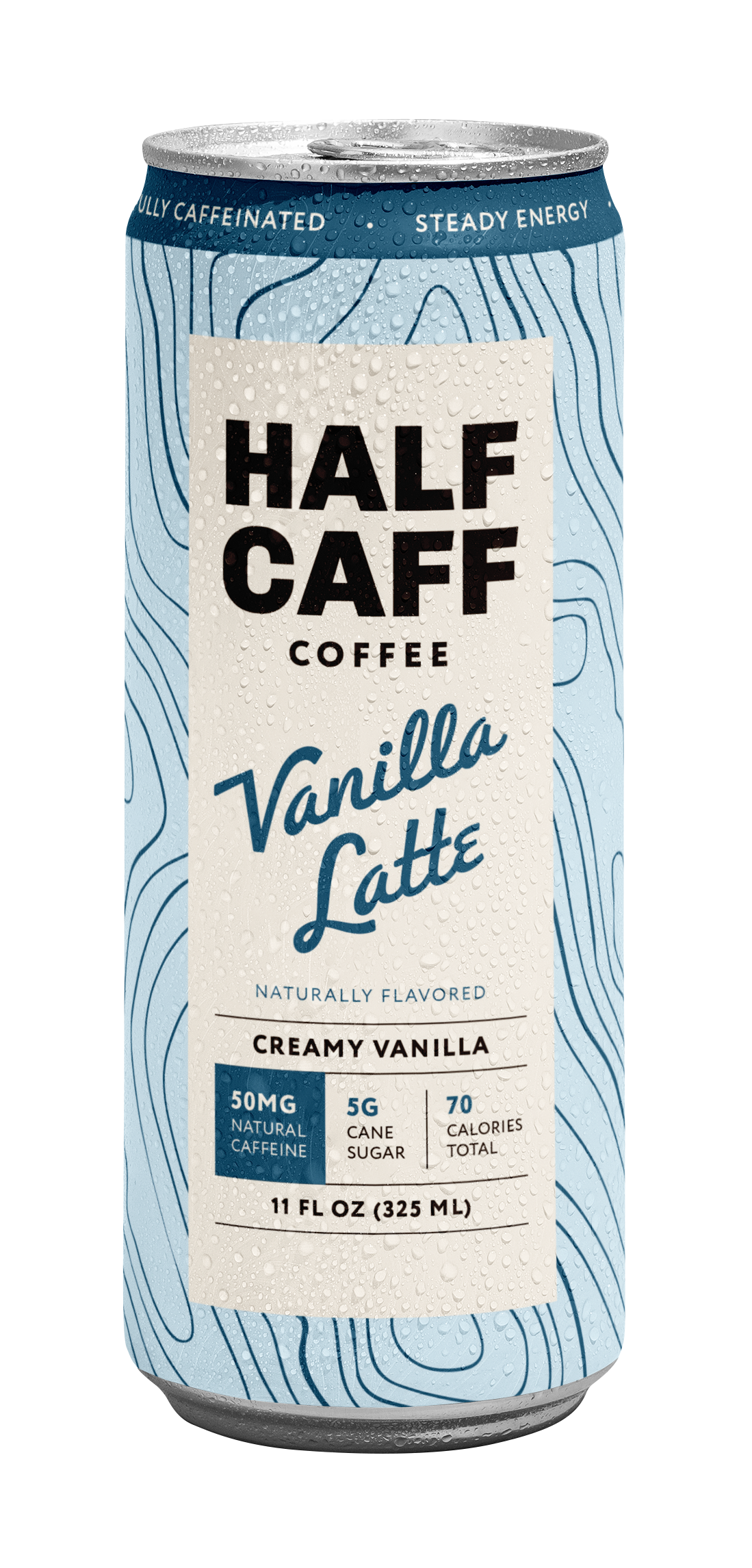 A 11 fl oz can of Half Caff Coffee Vanilla Latte, featuring a light blue and white topographic pattern with a cream-colored central label.
